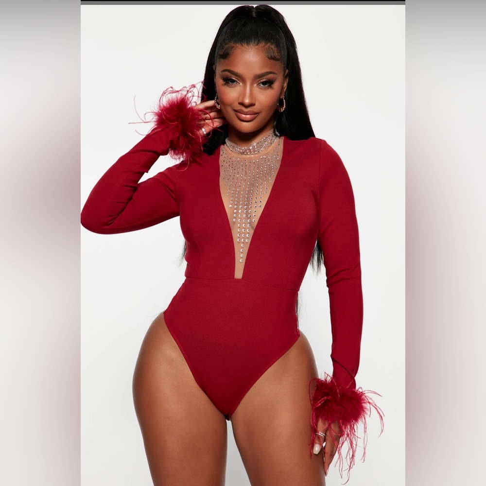 Fashion Nova Rich Romance Feather Bodysuit
